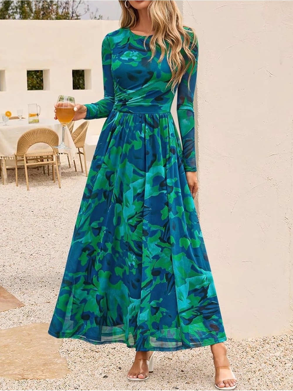 Sculpted Waist Long-Sleeve Blue Green Print Maxi Dress (Like New) - Picture 2 of 5